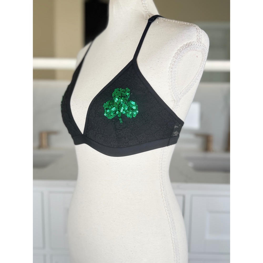 Victoria's Secret PINK Bralette Womens Small Black Lace Sequin Shamrock St Paddy